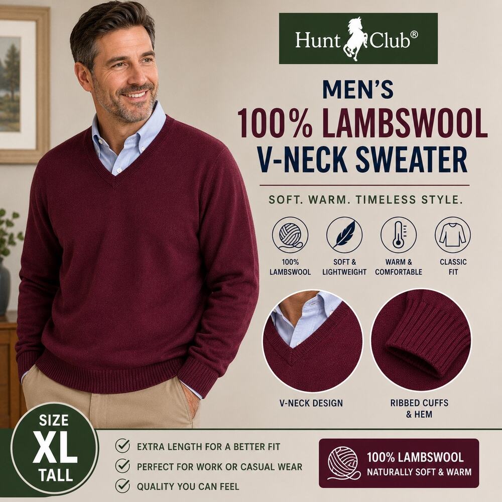 Hunt Club Mens Pure Lambswool Sweater Wine Burgundy V Neck Pullover XL Tall